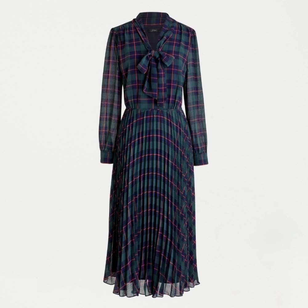 J.CREW Pleated Tie-Neck Dress in Black Watch Tartan